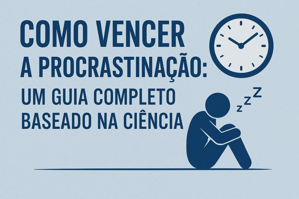 Ilustração sobre como vencer a procrastinação, com um relógio e uma pessoa sentada.