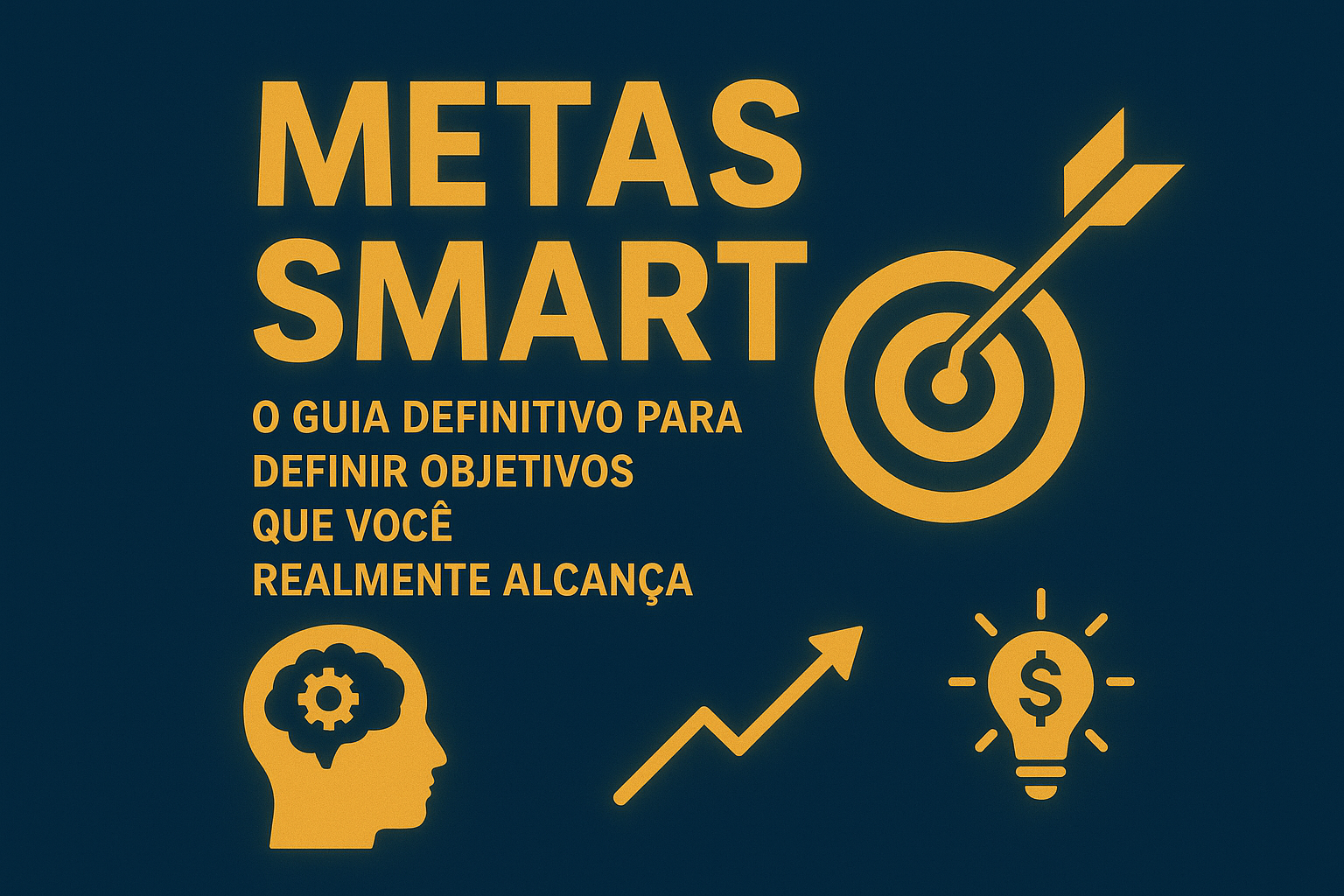 Infográfico sobre Metas SMART com ícones de alvo, cérebro e crescimento para definir objetivos.