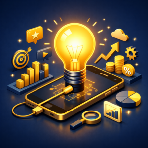 Ilustração 3D isométrica de marketing digital para iniciantes mostrando lâmpada criativa conectada a smartphone com gráficos de crescimento e estratégia de negócio online.