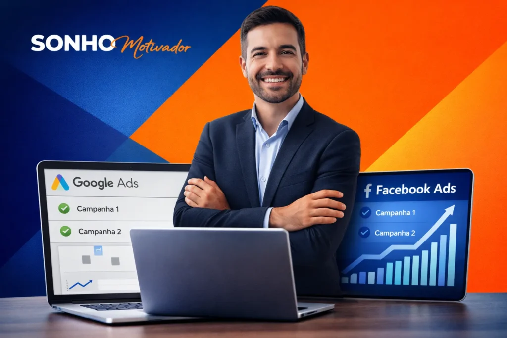 Notebook exibindo dashboard de campanhas de marketing digital e gráficos de tráfego pago, representando o Método Motivador de estruturação de negócios.