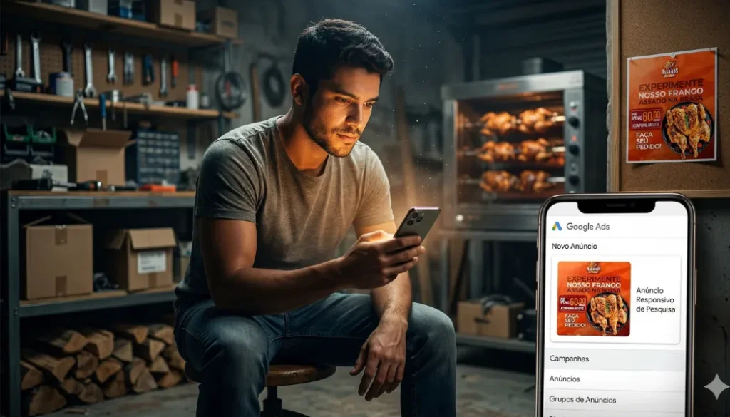 Jovem empreendedor determinado em garagem humilde olhando para gráfico de sucesso no celular, representando o começo do zero.